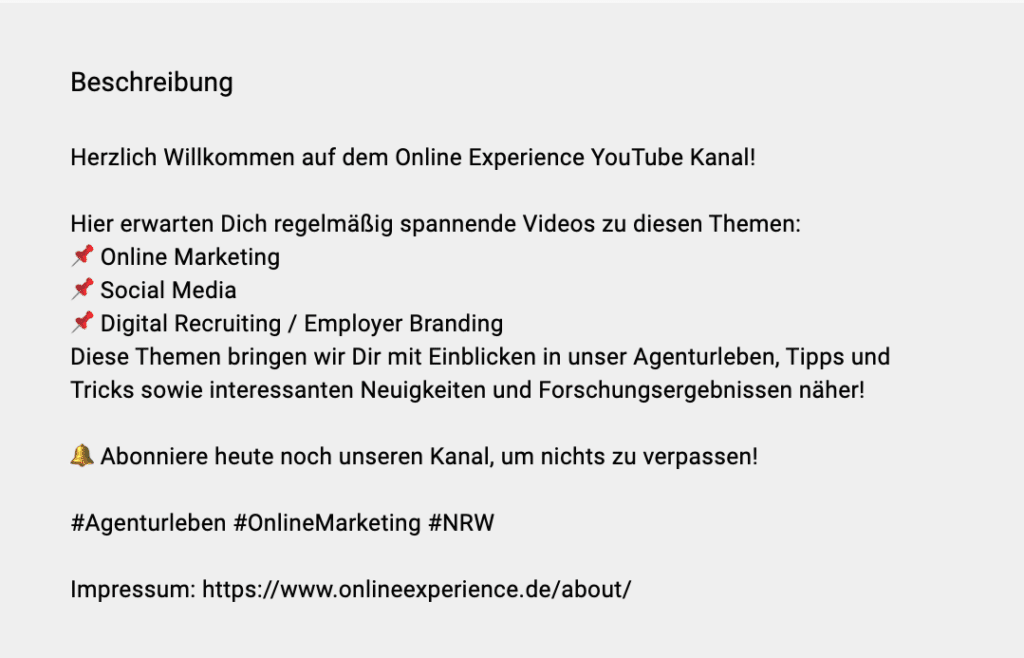 Screenshot einer YouTube-Kanalbeschreibung von Online Experience