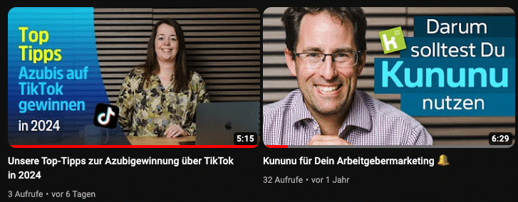 Eine Collage von zwei YouTube-Video-Thumbnails. Links mit dem Text 'Top Tipps Azubis auf TikTok gewinnen in 2024' und rechts mit dem Text 'Darum solltest Du Kununu nutzen'